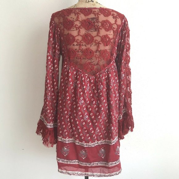 Free People Red Floral Peasant Tunic Dress Lace M - Picture 2 of 11